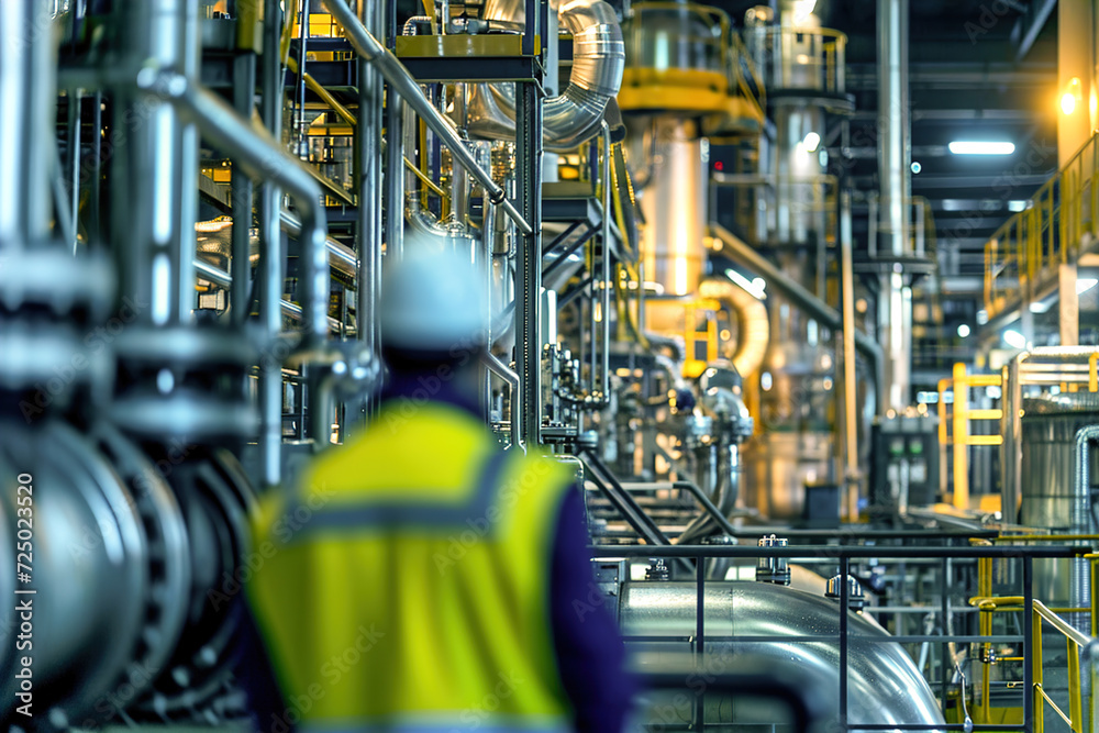 Petrochemical refining factory, complex equipment like distillation units and catalytic crackers to transform crude oil into valuable chemicals. Workers operate and maintain machinery.