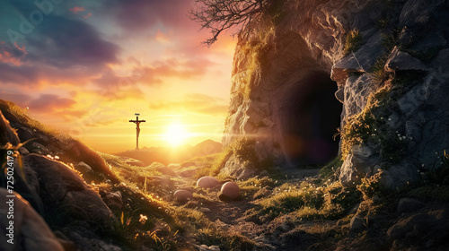 Resurrection of Jesus Christ portrayed against a sunrise background, with an empty tomb, shroud, and crucifixion imagery for Easter photo