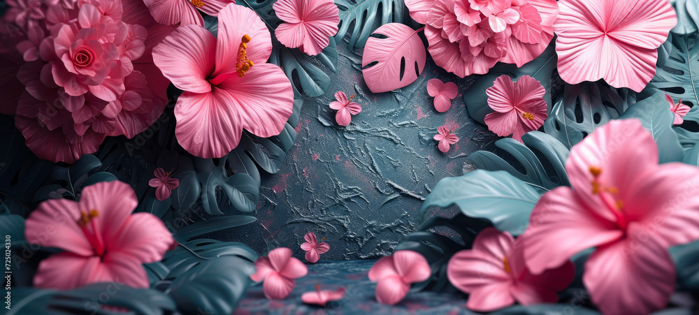 Exquisite Pink Hibiscus Flowers with Textured Blue Leaves - Artistic Floral Composition for Elegant Designs - AI Generated Exquisite Pink Hibiscus Flowers with Textured Blue Leaves - Artistic Floral Composition for Elegant Designs - AI Generated