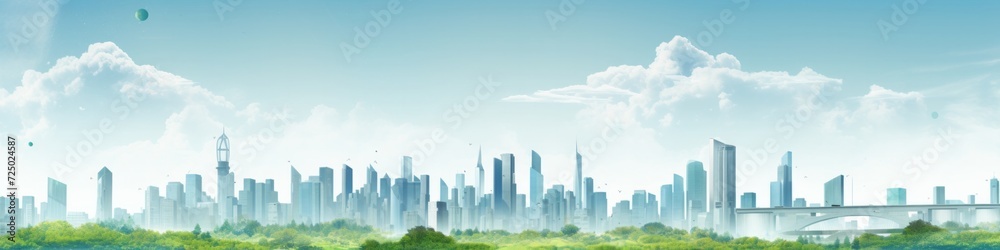 Pollution-Free Paradise: A city skyline free from pollution on one side, allowing ample room for your message advocating environmental responsibility.