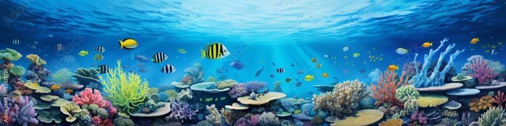 Naklejka premium Ocean Conservation Spotlight: Marine life flourishing against a vivid coral reef, providing a captivating banner 