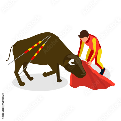 3D Isometric Flat Vector Set of Corrida Elements, Public Traditional Performance in Spain. Item 2