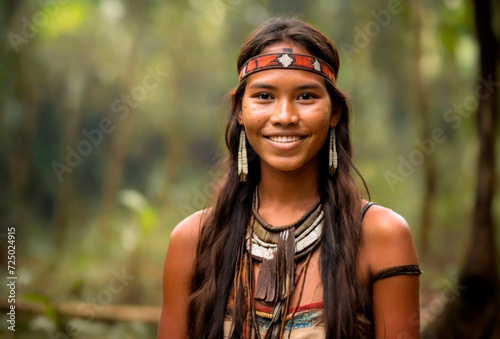 Portrait of an indigenous girl from a South American tribe with the jungle blurred in the background. AI generative photo