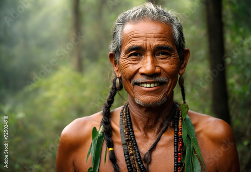 Portrait of an indigenous old man from a South American tribe with the jungle blurred in the background. AI generative