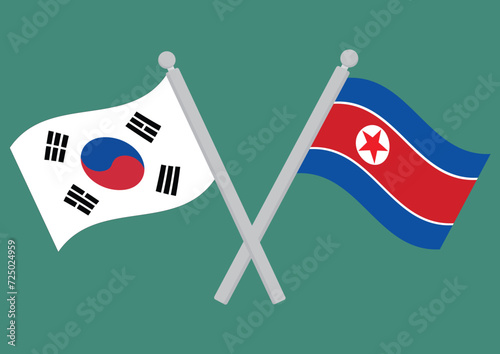 South Korea vs North Korea. Flags of South Korea and North Korea on flagpole