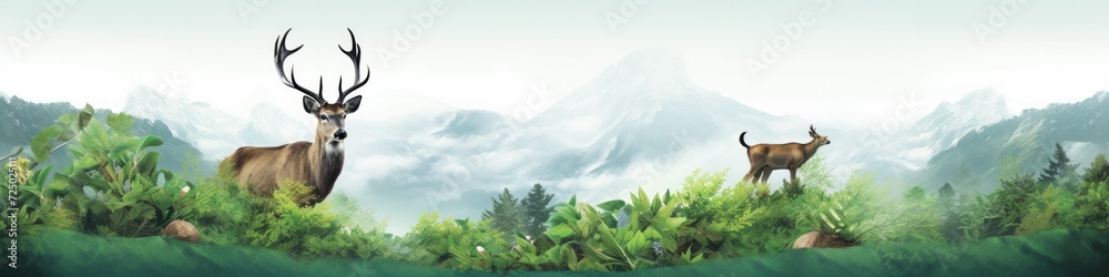 Fototapeta premium Panoramic banner with a stag, showcasing UK wildlife, the beauty of the big outdoors, its importance to everyone's mental well-being.