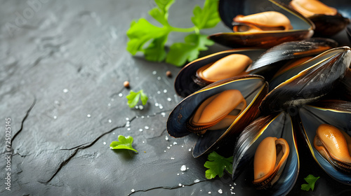Close Up of a Plate of Mussels on a Table photo