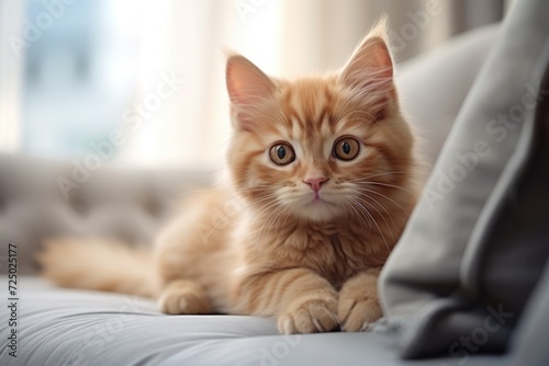Beautiful red-haired striped kitten on a grey couch. Cat at home, pets indoors AI Generated  © EarthWalker