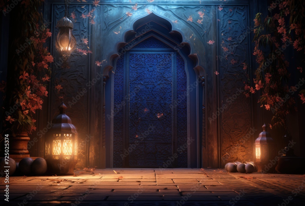 Ramadan Kareem background with mosque Islamic style arches 