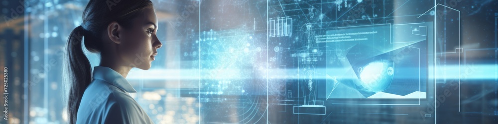 A silhouette interacts with a large and intricate tech interface, showcasing the potential of data-driven solutions. A silhouette interacts with a large and intricate tech interface, showcasing the potential of data-driven solutions.