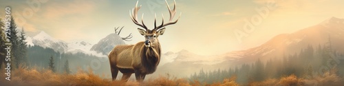 Panoramic banner with a stag, showcasing UK wildlife, the beauty of the big outdoors, its importance to everyone's mental well-being. © David