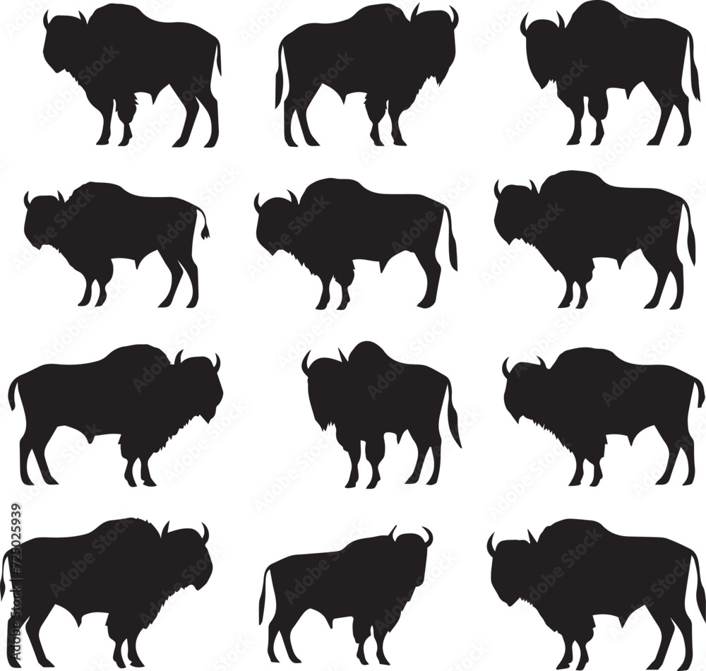 Fototapeta premium Set of Bison Silhouette vector on white background