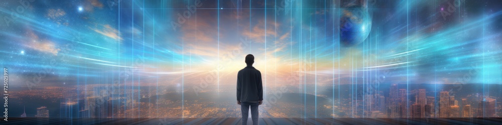 Holographic Horizon: A person surrounded by holographic displays against a digital landscape, Holographic Horizon: A person surrounded by holographic displays against a digital landscape,