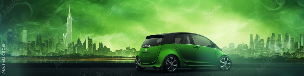 Green Transportation Triumph: A modern electric vehicle against a lively eco-friendly background