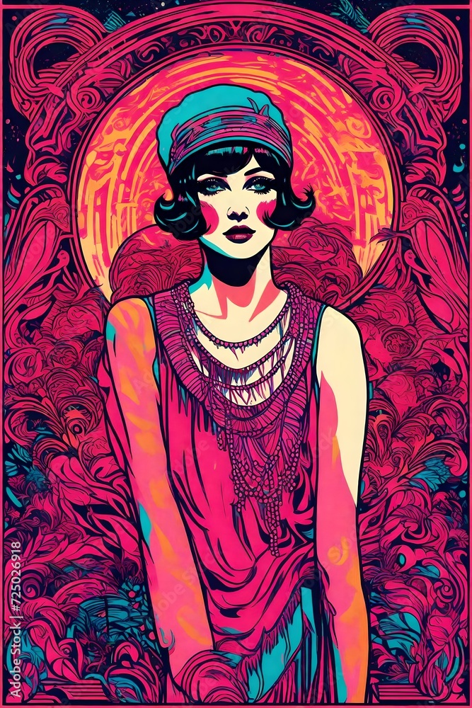 Obraz premium a vintage retro black light psychedelic concert gig band music poster featuring a woman flapper girl flappergirl