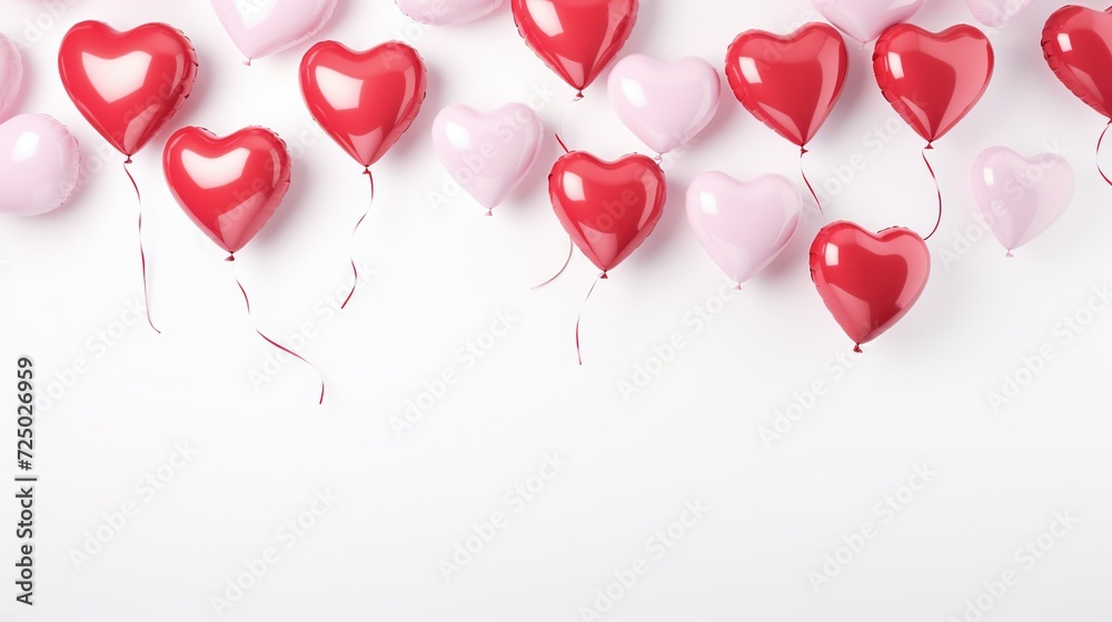 Heart-shaped balloons and confetti arranged on a white background, perfect for a Valentine's Day banner