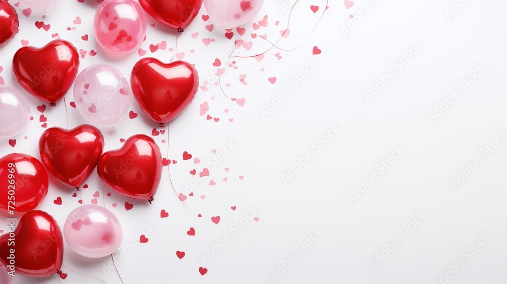 Heart-shaped balloons and confetti arranged on a white background, perfect for a Valentine's Day banner