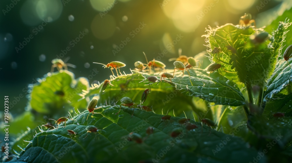 Aphid Colony on Leaf. Microscopic insects inhabiting a garden, including tiny beetles, mites, and aphids, exploring the microcosm of leafy environment. Aphid Colony on Leaf. Microscopic insects inhabiting a garden, including tiny beetles, mites, and aphids, exploring the microcosm of leafy environment.