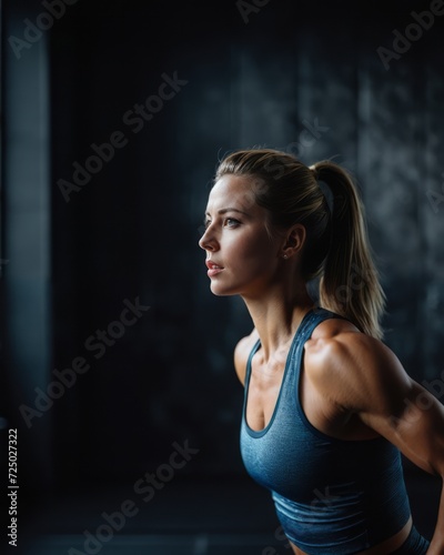 Slim athletic girl doing exercises against a black wall