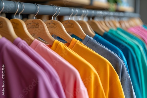 Explore a spectrum of style with a diverse array of multicolored t-shirts on wooden hangers. Ideal for shoppers seeking trendy summer tops in various vibrant shades.