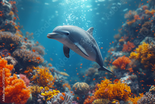 A whimsical underwater world with colorful coral reefs and playful dolphins. Created with generative AI. © Quality Arts