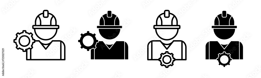 Construction Worker Line Icon. Builder with safety helmet icon in black and white color.