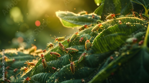 Microscopic insects inhabiting a garden, including tiny beetles, mites, and aphids, exploring the microcosm of leafy environment. photo
