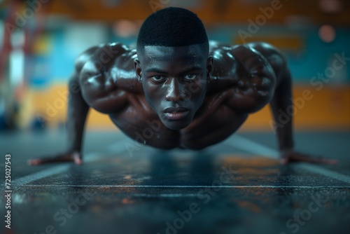 Witness dedication in action as a black Afro-American athlete sweats while doing pushups in a gym, committed to improving his muscular physique.