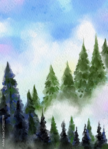Green natural pine tree forest with clouds on blue sky watercolor.