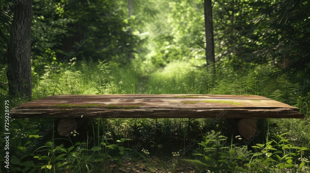 a boreal forest backdrop, featuring an empty wooden table perfect for displaying product mockups, capturing the natural beauty and serenity of the wilderness in a picturesque composition. a boreal forest backdrop, featuring an empty wooden table perfect for displaying product mockups, capturing the natural beauty and serenity of the wilderness in a picturesque composition.