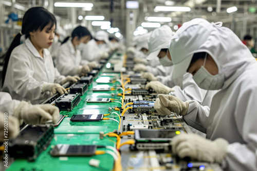 Mobile phone assembly factory, assembly lines with workers handling components like screens, processors, and batteries. They assemble and test mobile phones. photo