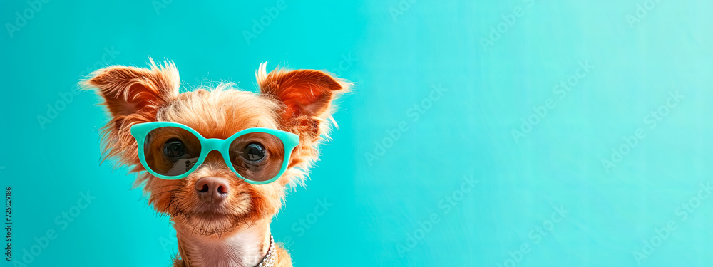 Fashionable Small Dog Wearing Sunglasses on a Bright Teal Background Fashionable Small Dog Wearing Sunglasses on a Bright Teal Background