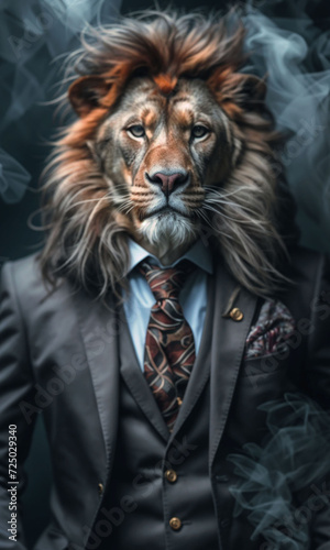 Lion dressed in an elegant and modern suit with a nice tie. Fashion portrait of an anthropomorphic animal  shooted in a charismatic human attitude