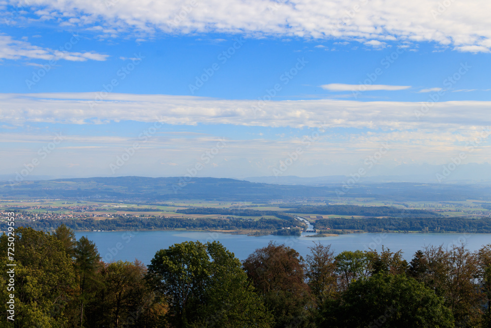 Aerial view of Biel lake from Preles in Bern canton, Switzerland - obrazy, fototapety, plakaty 