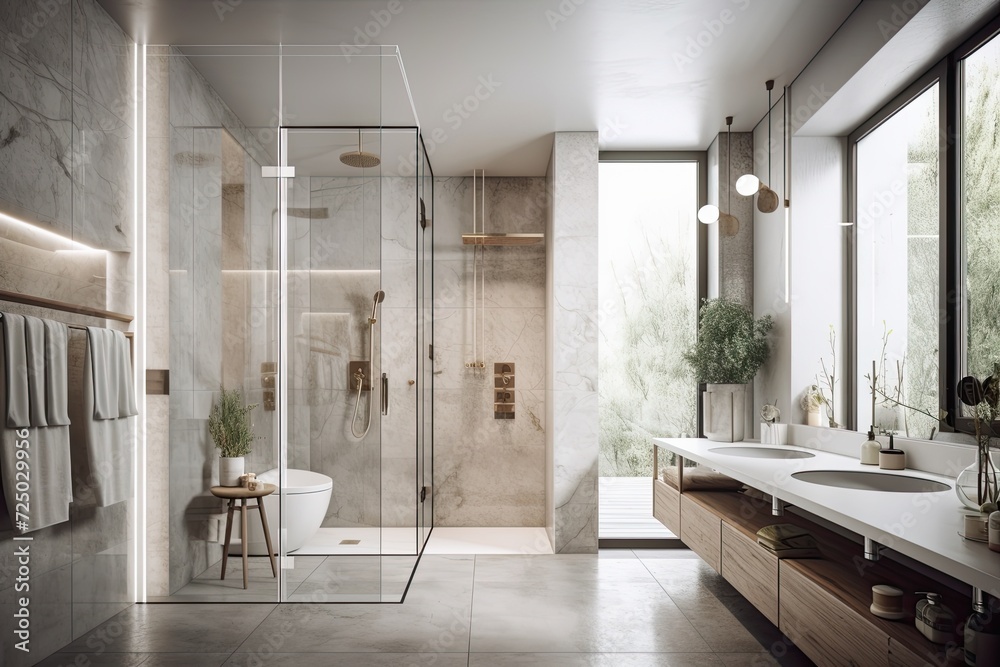 Shower stall, double sinks, and tiled hardwood walls in a luxurious bathroom. an opaque wall. a mockup Shower stall, double sinks, and tiled hardwood walls in a luxurious bathroom. an opaque wall. a mockup