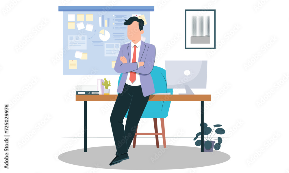 Confident Project Manager Thinking about Project Goal and Work Deadline, Standing Suited Person Thinking Businessman Standing in Table. Managing Project and Project Description in Board Target Goal