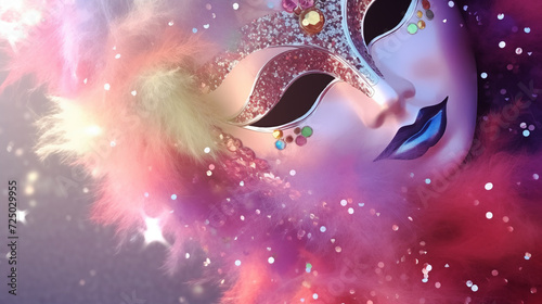 Golden carnival mask with glitter, 3d render illustration. Ai generative. 