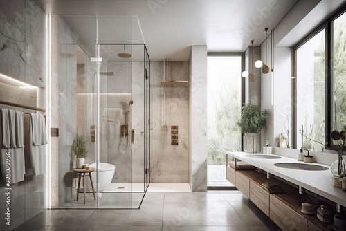 Shower stall, double sinks, and tiled hardwood walls in a luxurious bathroom. an opaque wall. a mockup photo