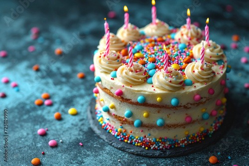 Birthday cake decorated with colorful sprinkles and birthday candles against a turquoise background