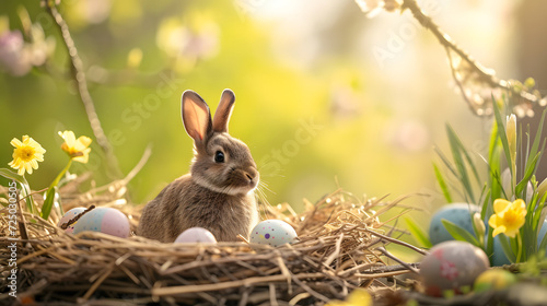 Rabbit Sitting in Nest With Eggs