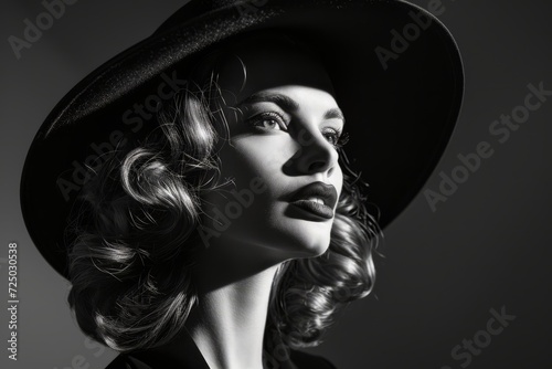 Portrait of a beautiful woman in a hat. Black and white photo. Person in vintage attire, exuding grace and sophistication reminiscent of classic Hollywood glamour. 