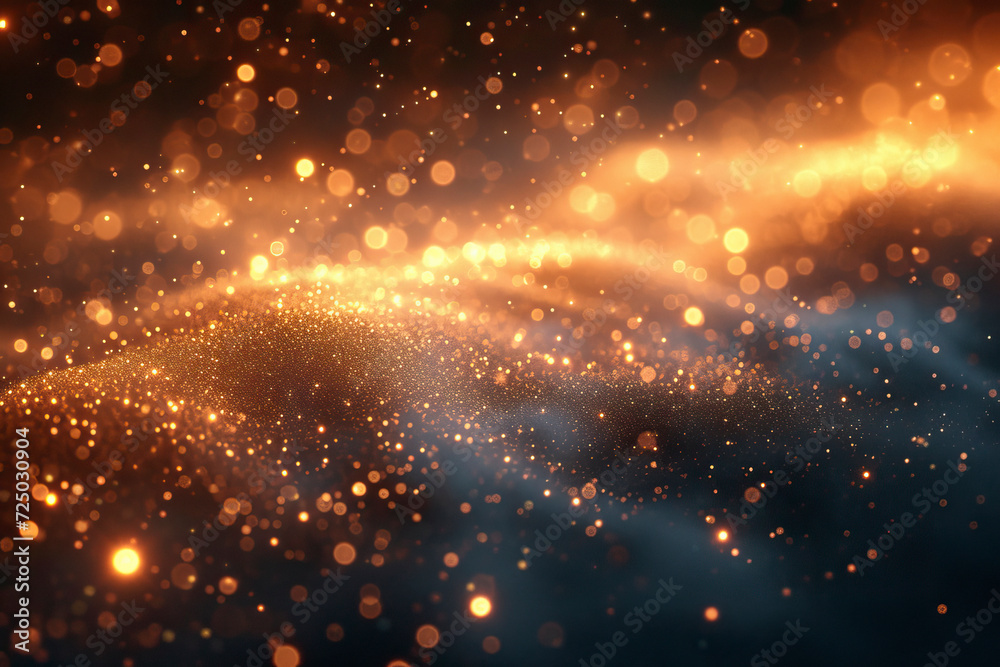 Golden Glitter lights abstract background with gold particles. Defocused bokeh dark festive texture.