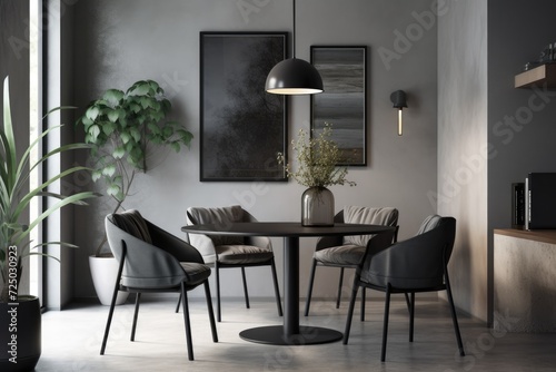 View from the corner of a grey living room with concrete floors, a small round dining table, three modern black chairs, and a mock up of the wall. Design idea for a contemporary flat © Vusal