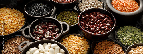 Legumes, a set consisting of different types of beans, lentils and peas on a black background,  close up. The concept of healthy and nutritious food photo