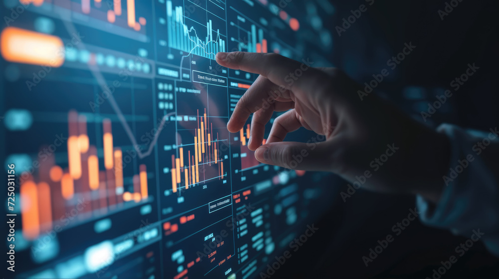 A person interacts with an advanced digital screen displaying various financial statistics and data analysis graphs. - obrazy, fototapety, plakaty 