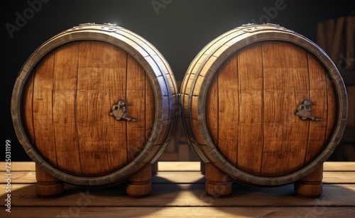 Vintage oak barrels resting in the dimly lit wine cellar, evoking the timeless charm of the winery's storage.