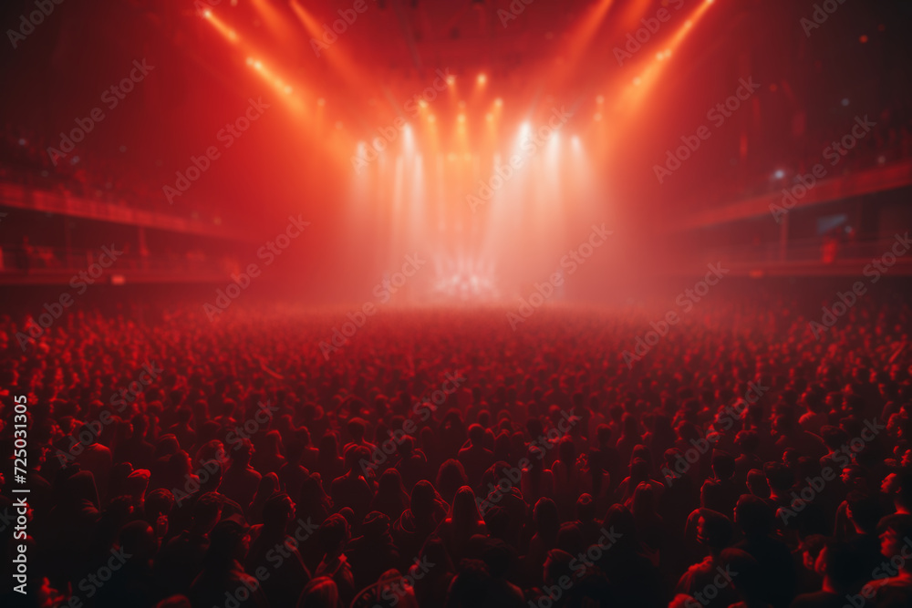 Aerial photography capturing the energy of a live concert, showcasing the sea of fans and the stage set against a mesmerizing backdrop. Concept of aerial concert coverage. Generative Ai.