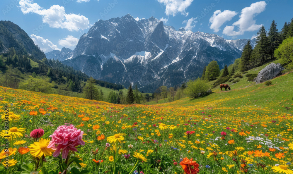 Fototapeta premium Idyllic alpine landscape scenery with traditional farmhouse and fresh green meadows, blooming flowers, and snowcapped mountain tops in spring,