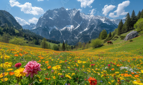 Idyllic alpine landscape scenery with traditional farmhouse and fresh green meadows, blooming flowers, and snowcapped mountain tops in spring, © Tjeerd