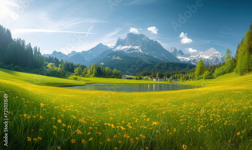 Panoramic view of beautiful landscape in the Alps with fresh green meadows and blooming flowers and snow-capped mountain tops in the background on a sunny day with blue sky and clouds in springtime.